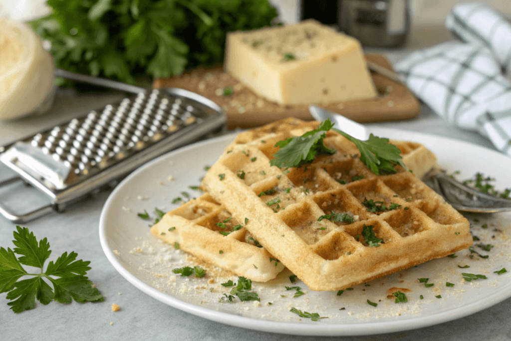 Quick and Easy Waffle Recipes : Savory cheese and herb waffles garnished with fresh parsley on a white plate