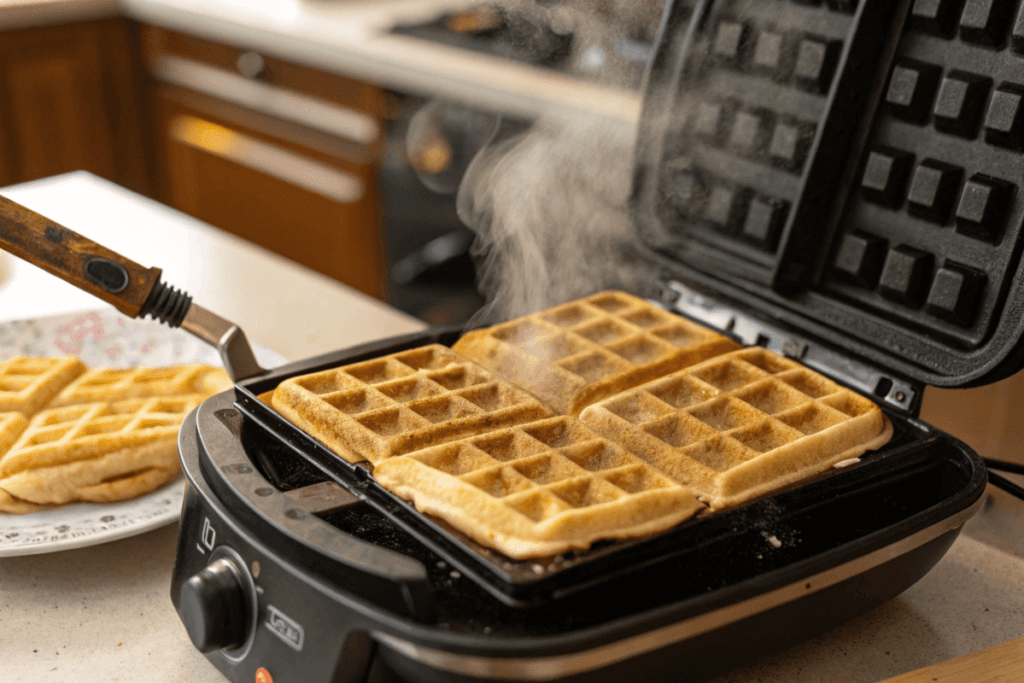 A waffle iron cooking a golden waffle.