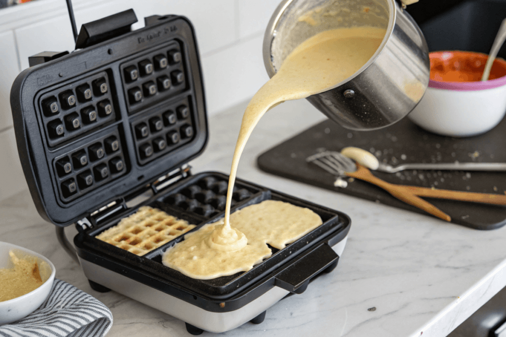 Is pancake batter the same as waffle batter? Waffle iron with waffle batter being poured in