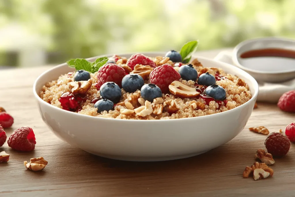 Gluten free quinoa breakfast bowl topped with berries and nuts