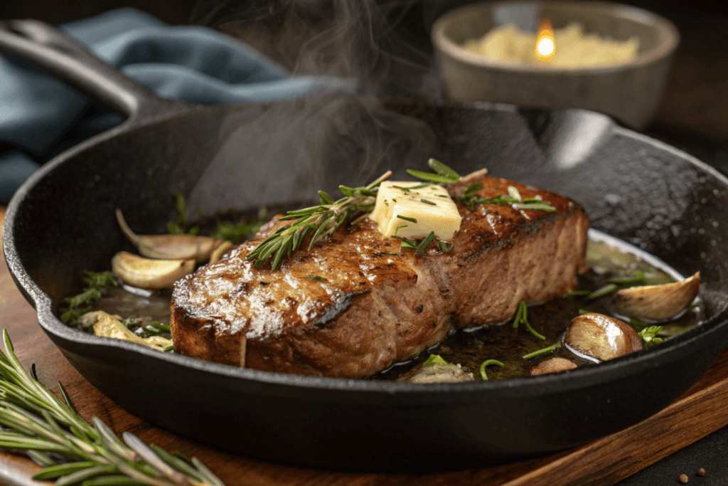 Pan-seared venison backstrap in a skillet