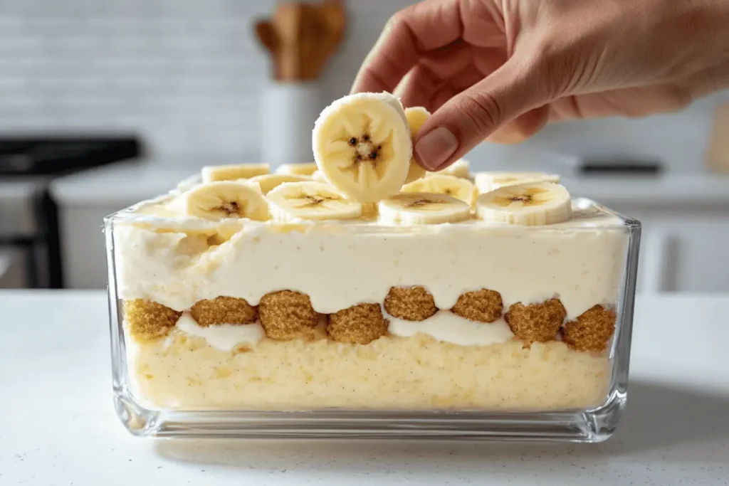 What ingredients are in Patti LaBelle's banana pudding? 
Layering Patti LaBelle's banana pudding, demonstrating what ingredients are in Patti LaBelle's banana pudding.