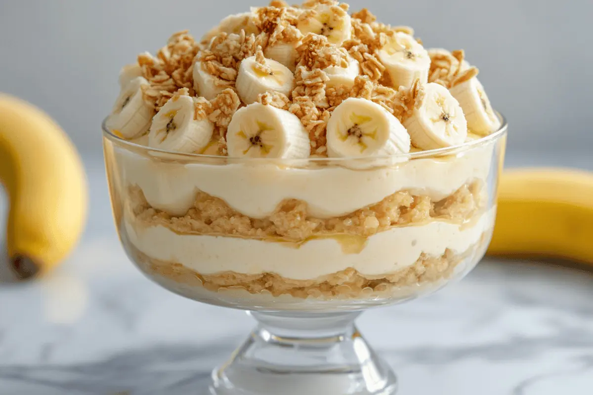 Fresh magnolia banana pudding in a glass bowl.