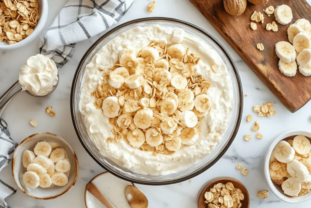 Layering process for magnolia banana pudding recipe.