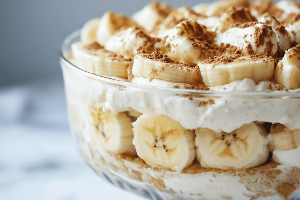 A delicious magnolia banana pudding recipe in a glass bowl.