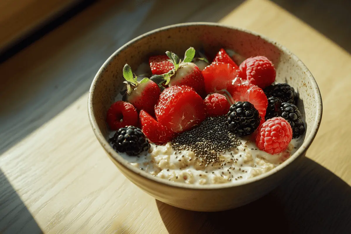 A bowl of oatmeal with berries and nuts showcasing what is the most healthy breakfast you can eat?