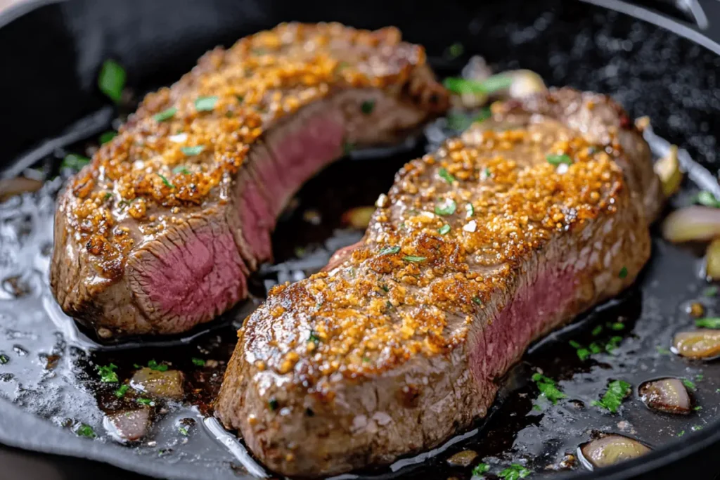 What do you soak a backstrap in? Pan-seared venison backstrap steak on a skillet