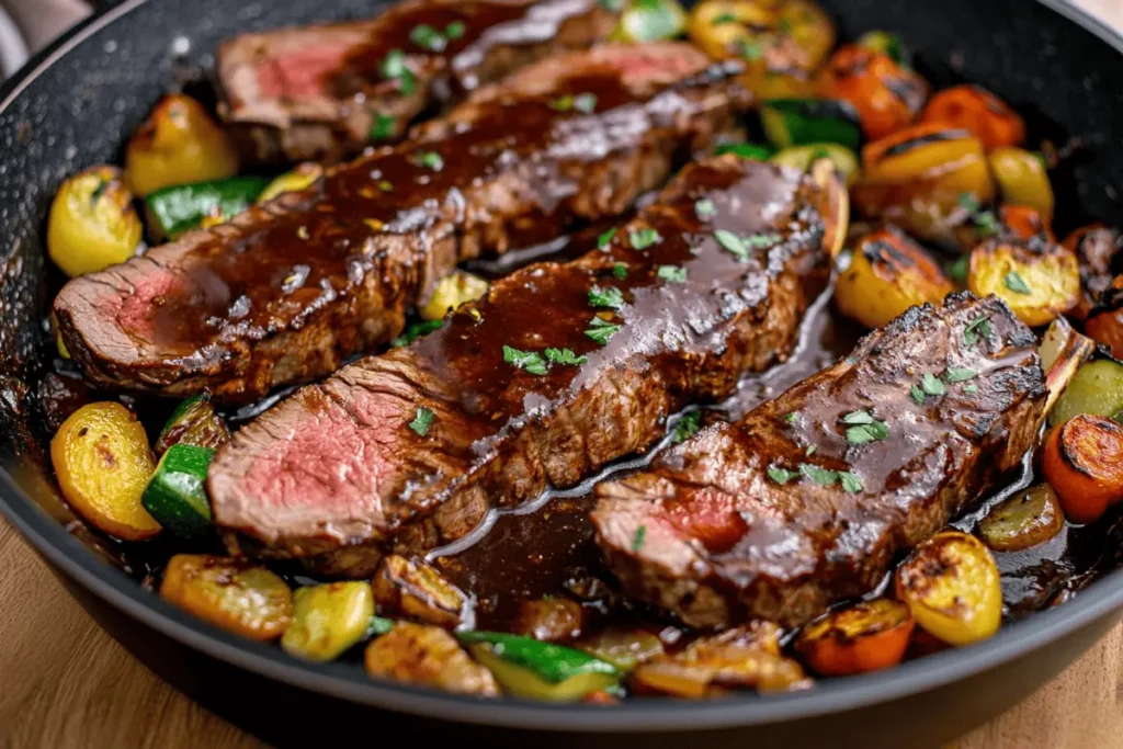 Pan-seared venison backstrap with red wine sauce in a skillet