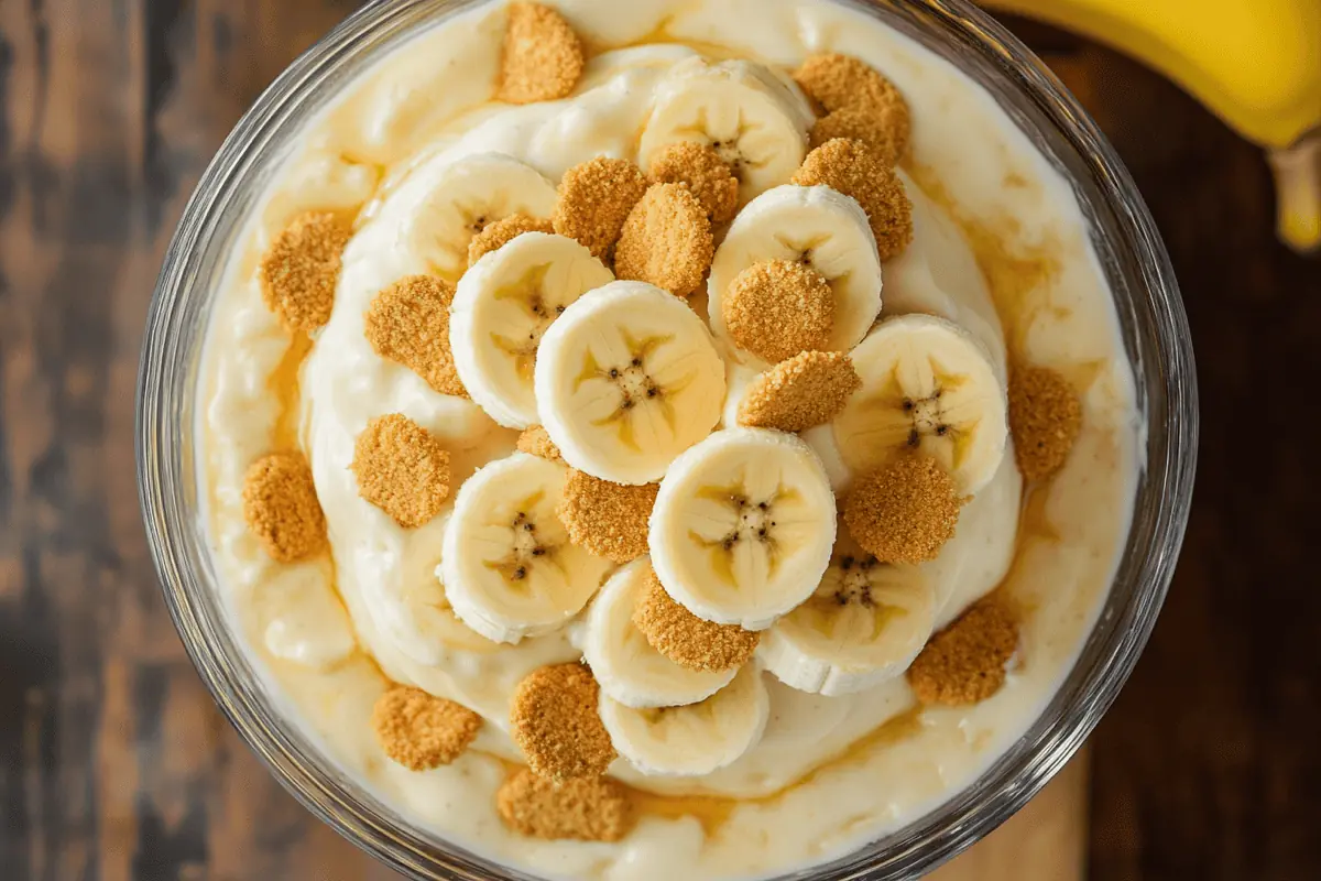 A close-up of Patti LaBelle's banana pudding, showing what ingredients are in Patti LaBelle's banana pudding.