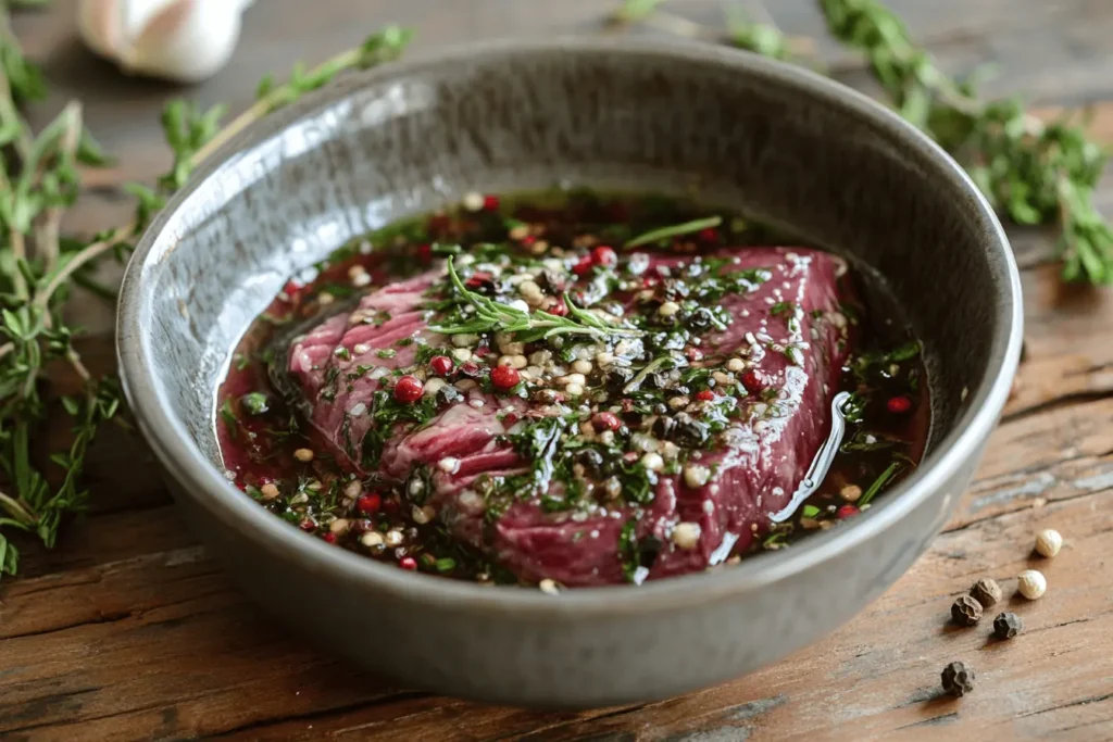 Venison steak marinating in a bowl of herbs and oil what's the best thing to marinate venison in?