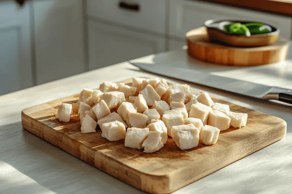 cubed chicken arranged on a cutting board