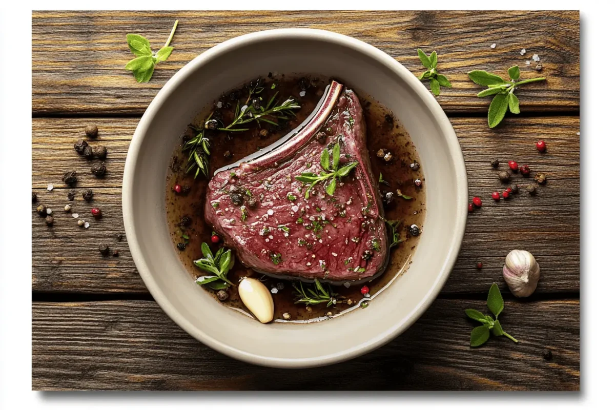 Marinated venison steak resting in a bowl of seasoned marinade