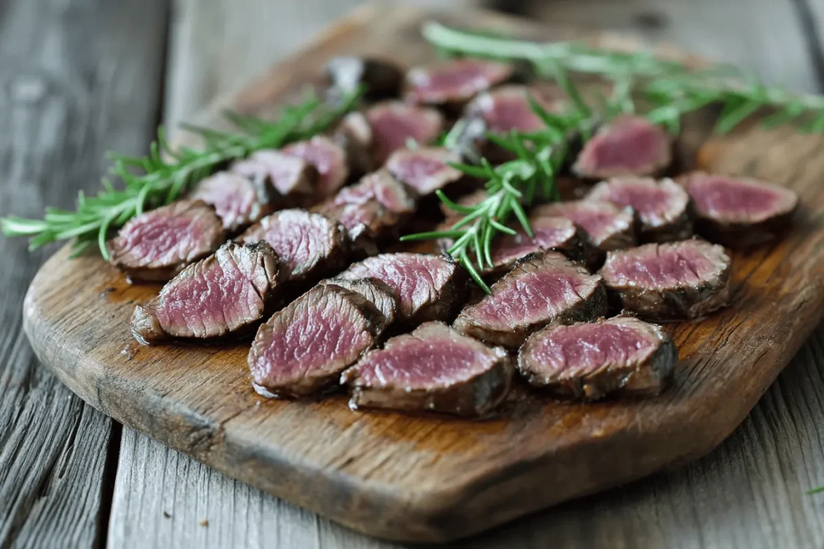 Venison backstrap cooking techniques - sliced seared venison on a wooden board