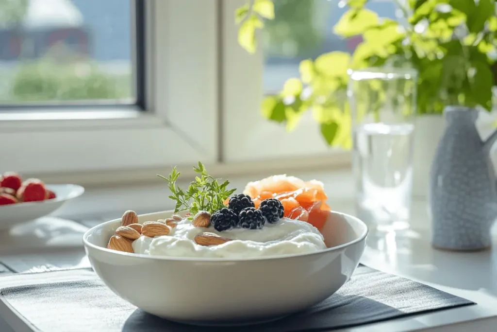 High-protein breakfast with Greek yogurt, eggs, and smoked salmon