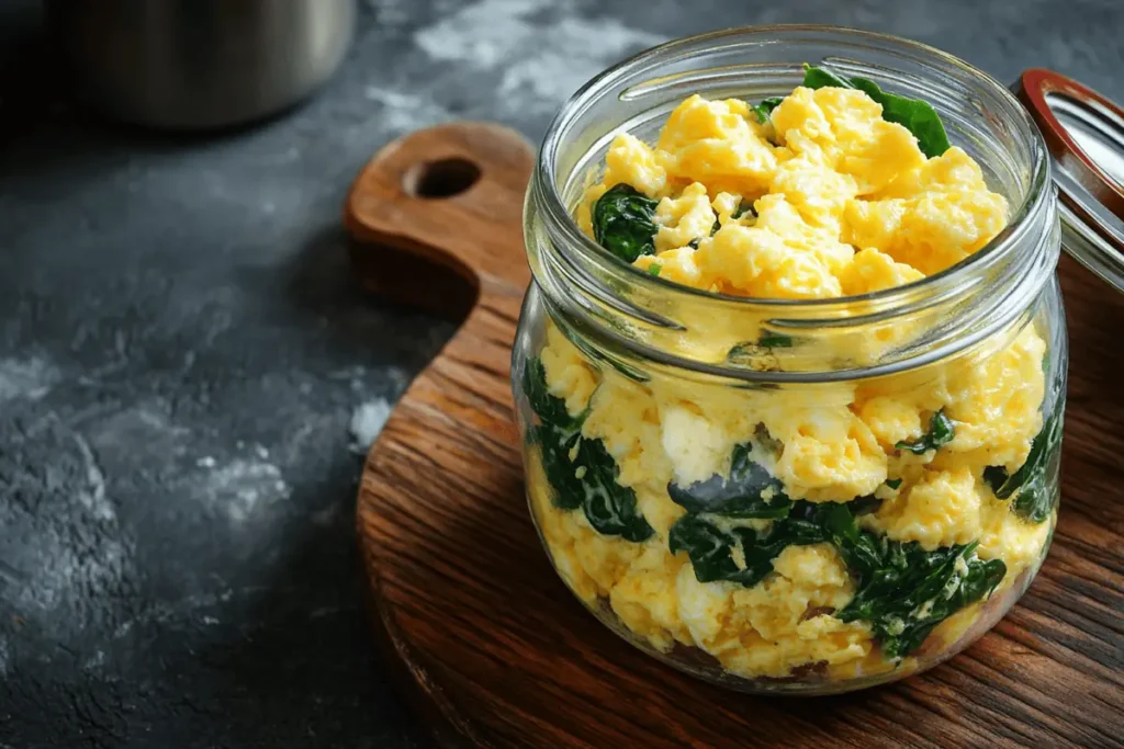 mason jar breakfast with eggs and vegetables