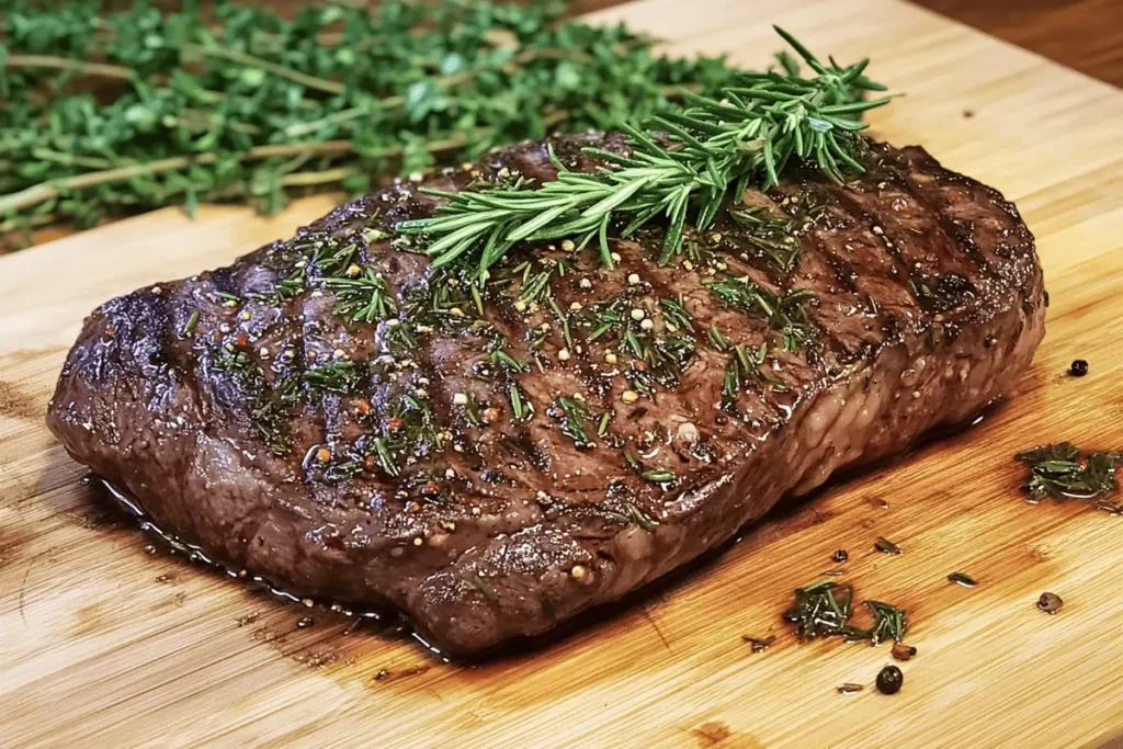 Seasoned venison steak with fresh herbs on a wooden board