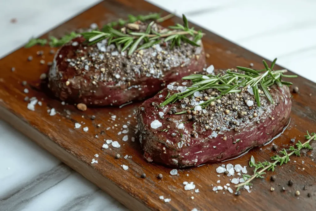 Seasoned venison steaks on a wooden board - what seasonings go best with venison