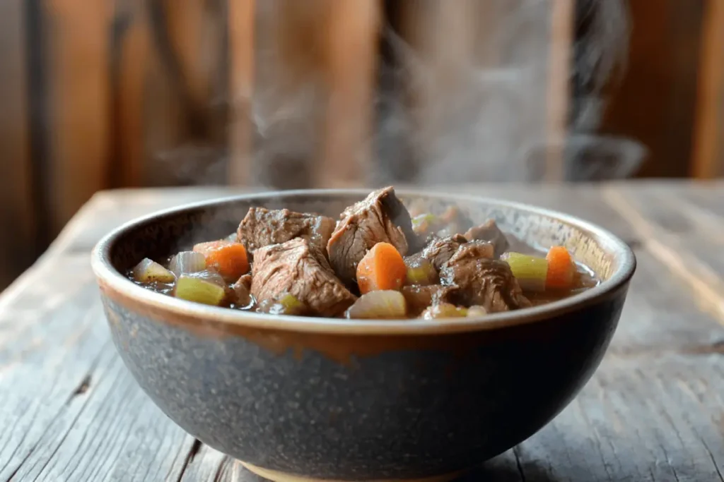 Slow cooker venison backstrap stew in a hearty bowl