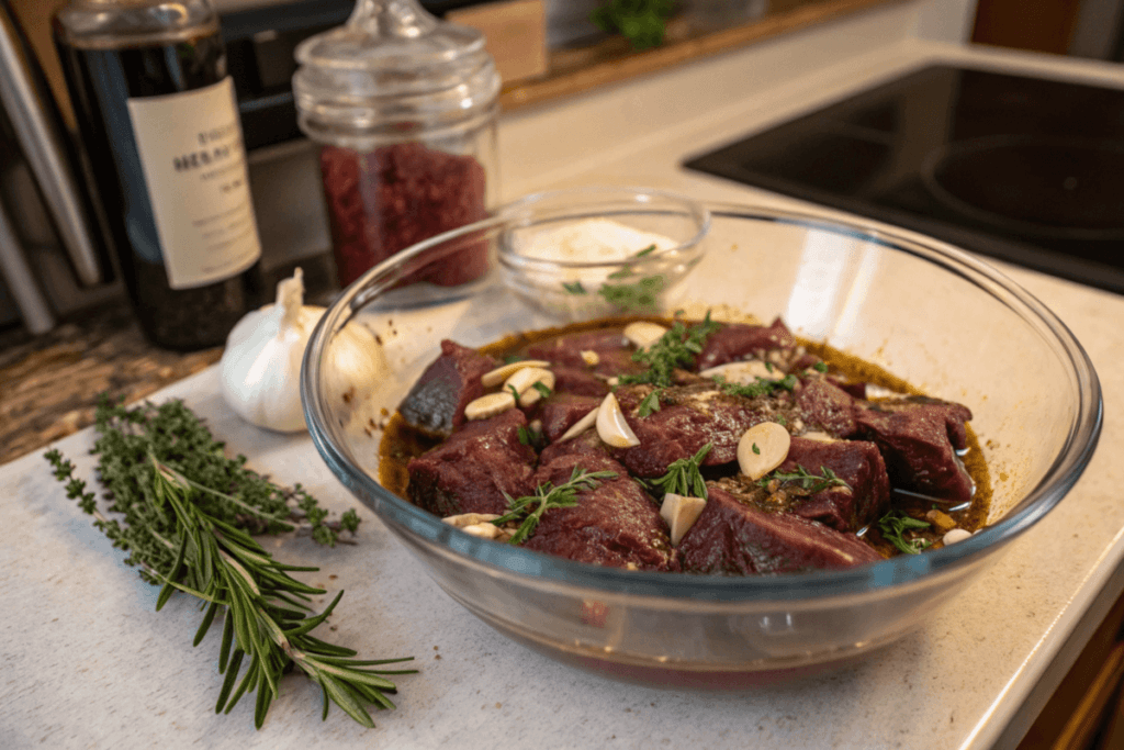 What is the best thing to soak venison in? Venison soaking in red wine with garlic and herbs