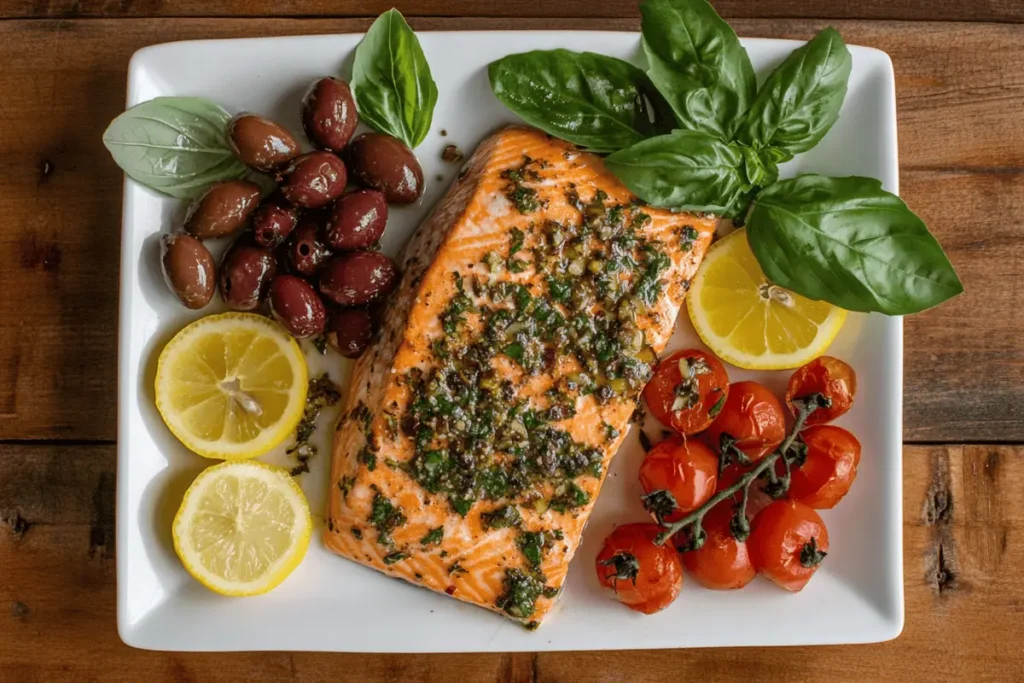 Mediterranean salmon recipe beautifully plated