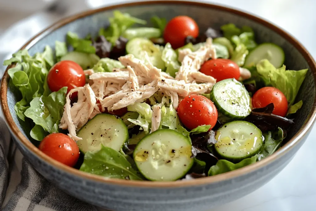 healthy meals with shredded chicken salad bowl