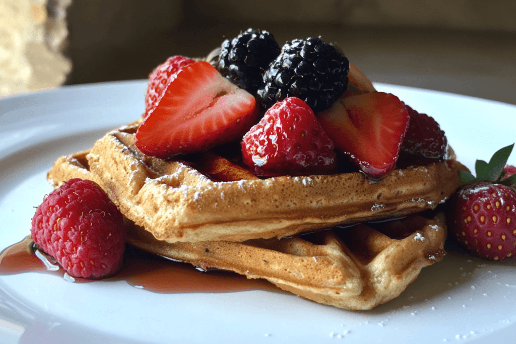 A plate of dietary almond flour waffles topped with fresh berries.
